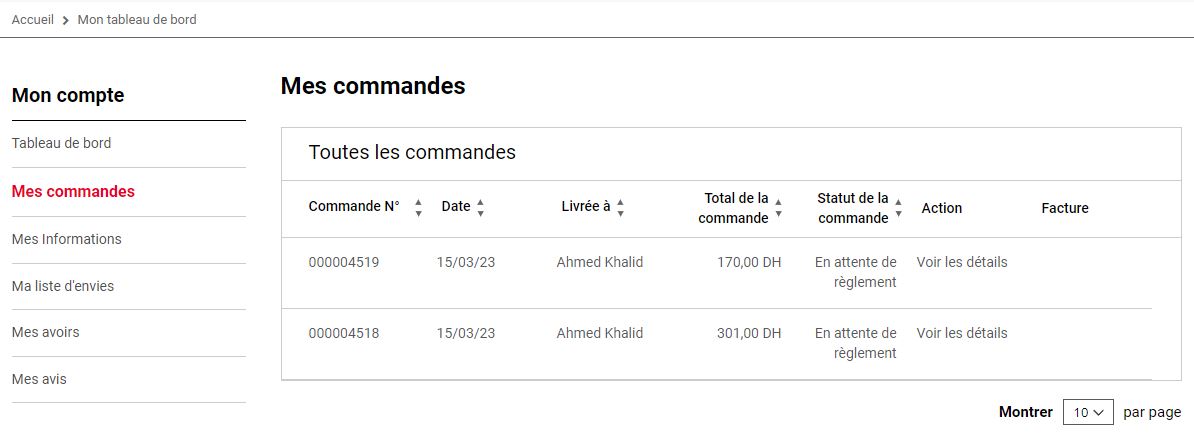 Image espace client – mes commandes